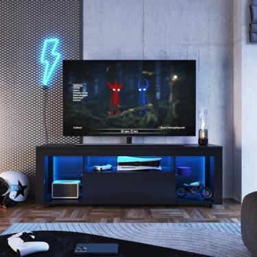 Imagem de Rack para Tv até 60 Polegadas Estilo Gamer 1 Gaveta 2 Prateleiras em Vidro e Iluminação em Led Yesca Preto