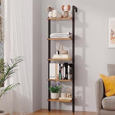 Imagem de YMYNY Estante de escada de 5 níveis, estante industrial montada na parede, rack de exibição aberto com moldura de metal, prateleiras de armazenamento de madeira para quarto, escritório em casa, suporte para plantas, marrom rústico, 70*17,3*11,8" UHBC015H