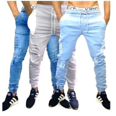Imagem de kit 3 calça jeans jogger com elastano jeans calças masculinas rasgadas