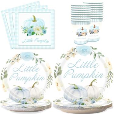 Imagem de Conjunto de utensílios de mesa com tema de outono, incluindo pratos, guardanapos e copos para aniversário de abóbora e chá de bebê, serve 24 convidados (azul)