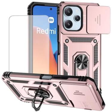 Imagem de Yodueiv Capa para Redmi 12, capa para Redmi Note 12R/Poco M6 Pro com protetor de tela de vidro temperado e capa de câmera deslizante, anel magnético para carro capa protetora para Xiaomi Redmi 12 ouro