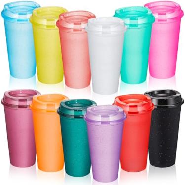 Imagem de FillTouch 12 peças de xícaras de café reutilizáveis com tampas 473 ml copos quentes de viagem para micro-ondas canecas de café para bebidas quentes e frias (arco-íris brilhante)