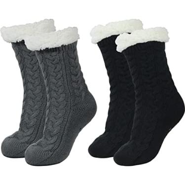 Imagem de BenSorts Meias femininas de inverno grossas com pegas, antiderrapantes e felpudas 2 pares preto e cinza, 6-10