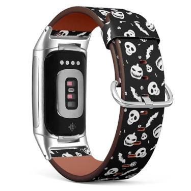 Imagem de Pulseira de relógio de couro de substituição para Fitbit Charge 5/Fitbit Charge 6 (Halloween Black Festive) para smartwatch para mulheres e homens
