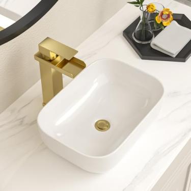 Imagem de Lofeyo Pia de tigela para banheiro 38 cm x 25 cm retangular em forma de barco pia de vaso branca retangular acima do balcão porcelana cerâmica redonda oval moderna pia pequena tigela LOF-15105