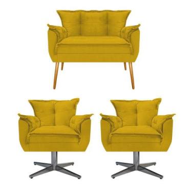 Imagem de Kit Namoradeira e 02 Poltronas Opala Base Giratória de Metal Suede Ama