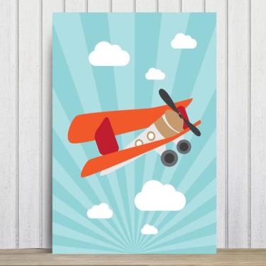 Imagem de Placa Decorativa Infantil Azul Avião e Nuvens 30x40cm - Quartinhos