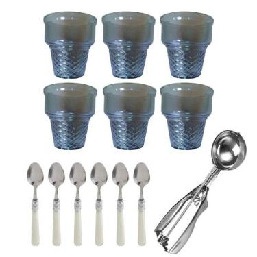 Imagem de Jogo P/ Sorvete Mod. Corneto 13 Peças Vidro/Inox C/Colher Ejetora - Ly
