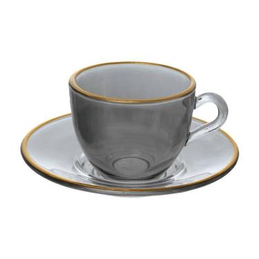 Imagem de Conjunto 4 Xícaras de Café com Pires Borda Dourada Linha Cristal Premium Transparente Preta 85ml JGXC091PT - Hauskraft
