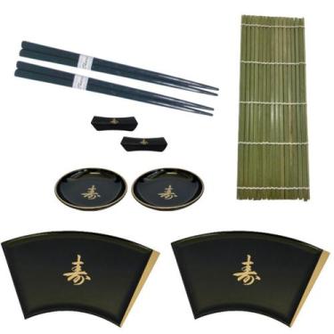 Imagem de Kit Oriental Conjunto 2 Pessoas Comida Japonesa Leque Hashi Esteira Su