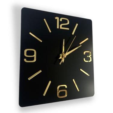 Imagem de Relógio de parede preto, quadrado,  25cm, Algarismos Cardinais Dourado