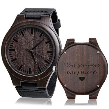 Imagem de Relógio de pulso masculino de quartzo analógico vintage com gravação personalizada feito à mão com pulseira de couro de vaca e alça personalizada para presente masculino para marido, namorado, aniversário, Natal, Sleek Ebony Wood - Love You More
