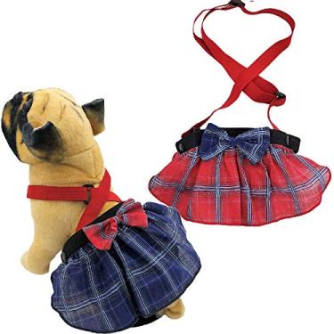 Imagem de FunnyDogClothes Pacote de 2 saias para cães fraldas femininas com suspensórios para animais de estimação pequenos e grandes 100% algodão xadrez azul tartan vermelhoFunnyDogClothes XL/XXL waist 22 "- 32"