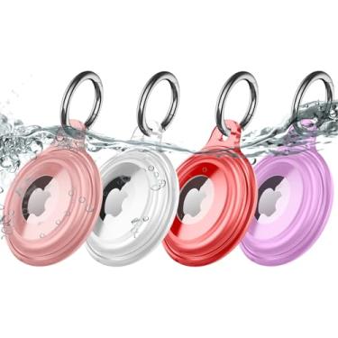 Imagem de Pacote com 4 chaveiros com resistência à água IPX8, leve, antiarranhões, fácil instalação, suporte macio de corpo inteiro para air tag à prova de choque para bagagem, chaves, coleira de cachorro (rosa