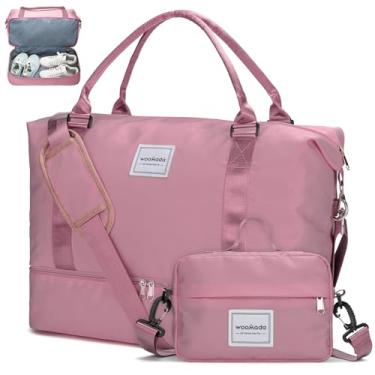 Imagem de WOOMADA Bolsa feminina de fim de semana, bolsa de viagem de ombro com compartimento para sapatos, bolsa de ginástica com bolsa de higiene pessoal, Rosa