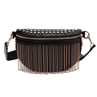 Imagem de Pochete feminina com cintura acolchoada de poliuretano, bolsas transversais com rebites e borla, Preto, dourado, Small, Hobo