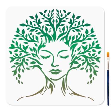 Imagem de MAYJOYDIY Estêncil de pintura de árvore de rosto feminino 11,8 × 11,20 cm árvore da vida mulher arte estêncil com pincel de tinta, galhos reutilizáveis, modelo de folhas para artesanato na janela,