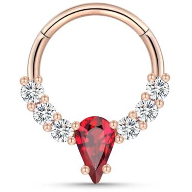 Imagem de TRBR Anel de septo de ouro rosa 16G para piercing de septo - argola pequena de aço cirúrgico calibre 16 - argola de nariz pequena para mulheres - pedra vermelha dourada septo clicker - 8 mm 10 mm -