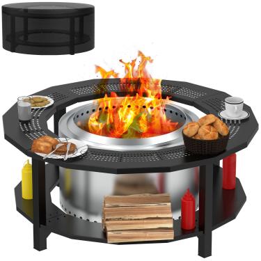 Imagem de Mesa surround para fogueira para fogão solo Yukon, fogueira, Tiki, mesa externa sem fumaça para fogueira a lenha, mesa de fogão de aço revestida a pó com tampa para fogão solo