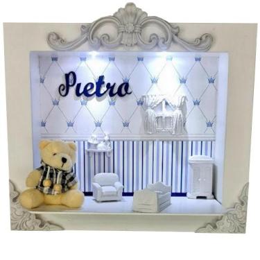 Imagem de Quadro Enfeite De Porta Maternidade Cenário Led - Branco e Azul Marinh