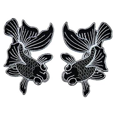 Imagem de Umama Conjunto de remendos de peixe dourado preto bordado peixe dourado japonês amor amizade desenho animado crianças costurar ferro em remendos roupas vestido planta chapéu jeans aplique de costura