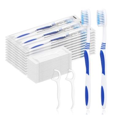 Imagem de SLequipo 100 escovas de dentes descartáveis pré-coladas com fio dental embaladas individualmente, pré-coladas, escova de dente de viagem de cerdas macias, embalagem única para hotel, acampamento,