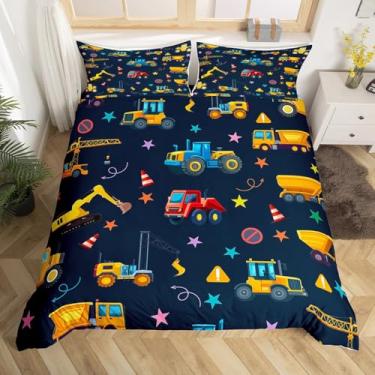 Imagem de Conjunto de capa de edredom de carro com escavadeira amarela, desenho animado de caminhão de construção para crianças e adultos, jogo de cama de barricada de guindaste fofo (não edredom), capa de