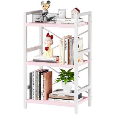 Imagem de Homeiju Estante de livros rosa, estante industrial de 3 camadas, estante pequena de metal, organizador rústico de armazenamento de estante de livros étagere para sala de estar, quarto e escritório em