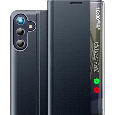 Imagem de Capa de celular para Samsung Galaxy A56 5G, capa protetora à prova de choque com janela transparente e fina espelhada para Galaxy A56 5G com suporte, capa protetora de couro rígido de policarbonato à
