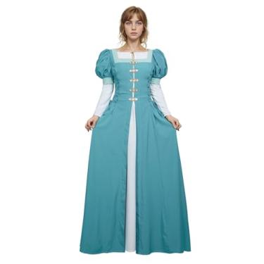 Imagem de daizbella Vestido Renascentista Feminino Medieval com Mangas Bufantes Fantasia Histórica do Século XVI Vestido falso de duas peças, Azul, Large
