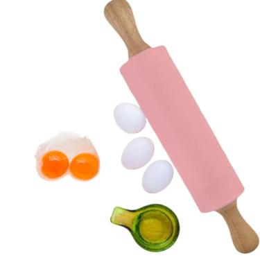 Imagem de Rolo Para Massa Silicone Giratório Rosa Não Gruda Macarrão Pizza Pão - Talheres Rosa Madeira