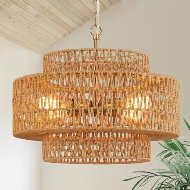 Imagem de Widluth Lustre De Vime Trançado À Mão Vintage 4 Luzes 17,7" Lustre De Bambu Estilo Boho De Fazenda Luminária Retrô Tambor De 3 Camadas Vime Vime Lustre Dourado Para Sala De Jantar, Ilha De Cozinha,