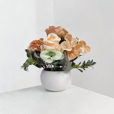 Imagem de NOMITY Mini vasos de plantas de flores artificiais, cor champanhe antigo rosa peônia hortênsia verde + vaso redondo de papel machê, pequenas plantas falsas decorações em vasos para escritório,