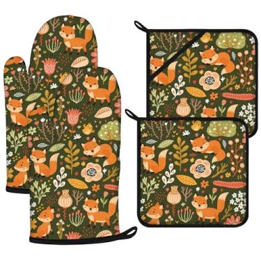 Imagem de Conjunto de luvas de forno e suportes de panela Fox 4 peças, luvas de forno extralongas para cozinha, cozinhar, assar, churrasco, 100% algodão, resistente ao calor