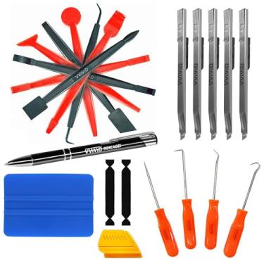 Imagem de VViViD 8 palitos de envoltório, caneta de liberação de ar, 4 ferramentas de aço para remoção de ervas daninhas, 5 facas de aço inoxidável, rodo azul, detalhe amarelo e 2 pontas de feltro