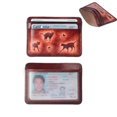 Imagem de NEWGOCRAFT Porta-cartões, carteira de couro legítimo artesanal fina minimalista com bolso frontal com janela para identidade, suporte de cartão de crédito impresso em gato 3D para mulheres, Café