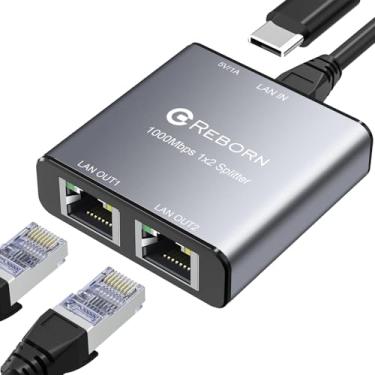 Imagem de Reborn Divisor Ethernet 1 a 2 de alta velocidade 1000 Mbps, divisor de cabo Ethernet RJ45 Gigabit 1 a 2, divisor LAN com cabo de alimentação USB para cabo Cat 5/6/7/8 [2 dispositivos de rede
