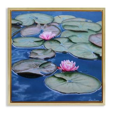 Imagem de Stupell Industries Blue Pond Lily Reflection Gold Floater Framed Canvas Wall Art Design por Valerie Rogers, 45,7 x 45,7 cm