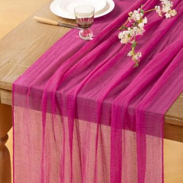 Imagem de DeZerlor Corredor de mesa de gaze rosa choque boho gaze verão fúcsia corredor de mesa 304,8 cm panos de queijo transparentes para casamento rústico decoração de chá de bebê festa verão mesa centro de