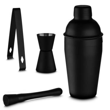 Imagem de Kit Profissional Coqueteleira Bebibas Barmam 500ML 4 Peças Aço Inoxidável, Pinça Socador e Dosardor Pintura Fosca Preto Para Drinks Festas