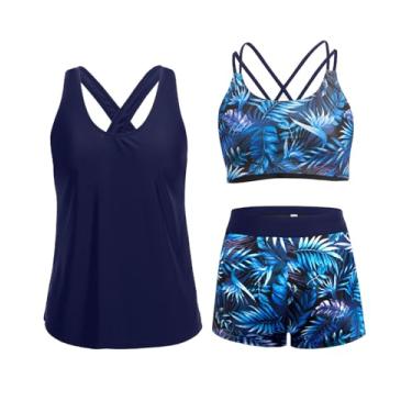 Imagem de Holipick Tanquíni feminino de 3 peças, controle de barriga, regata com sutiã, shorts para meninos e adolescentes, Folhas azuis, P