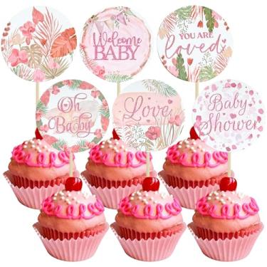 Imagem de Ephlyn 36Pcs Baby Shower Cupcake Toppers Woodland Jungle Leaf Love Welcome Baby Cupcake Picks Oh Baby Cake Decorations for Gender Reveal Baby Shower Theme Kids Boys Girls Birthday Party Supplies Pink
