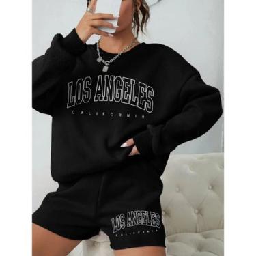 Imagem de Conjunto 2 Peças Feminino Gola Careca E Short Moletom Estampado Los An