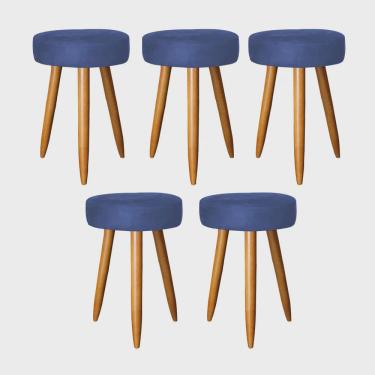 Imagem de Kit 05 Banqueta Alta Julia 50cm Bar Cozinha Balcão Bistrô Pé Palito Castanho Corino Azul Marinho - Ahz Móveis