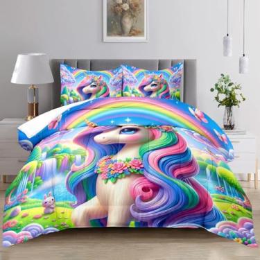 Imagem de Raphus cucullatus Jogo de cama solteiro de unicórnio, para meninas, arco-íris, para meninas, kawaii, fofo, edredom de sonho