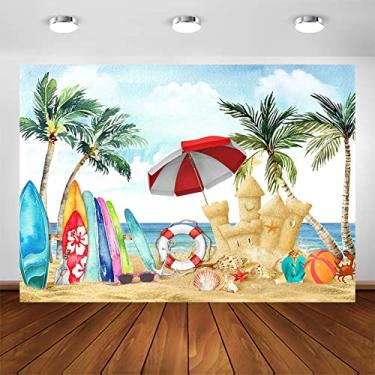 Imagem de Avezano Pano de fundo de praia de verão para festa havaiana piscina prancha de surfe tema havaiano aniversário chá de bebê decorações de festa de verão faixa de mesa de bolo (2,1 x 1,5 m)