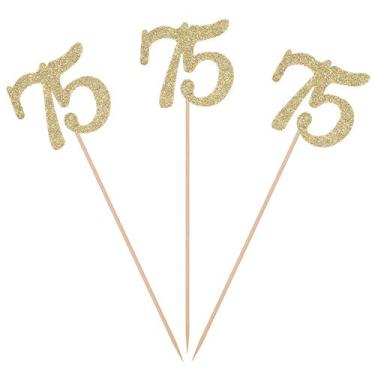 Imagem de Pacote com 10 bastões de mesa de centro de 75º aniversário com glitter dourado número 75 enfeites de mesa com letras de idade