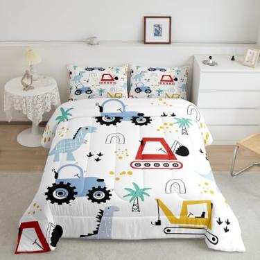 Imagem de jejeloiu Conjunto de cama infantil casal de desenho animado de dinossauro, conjunto de edredom para meninos e meninas, escavadeira, selva, dinossauro, 3 peças