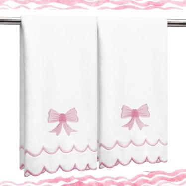 Imagem de Hahafelt 2 peças de toalhas de mão recortadas 100% algodão toalhas de mão para banheiro 15,75 x 27,56 polegadas 500 g/m2 bonito macio absorvente bordado para hotel spa esporte ioga (rosa, laço)