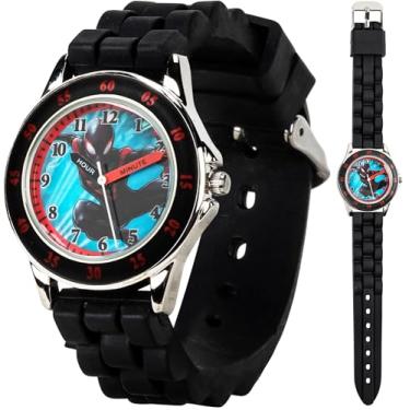 Imagem de Relógio infantil Marvel Homem-Aranha Miles Morales Time Teacher com pulseira de silicone preta e caixa de lata colecionável, Preto